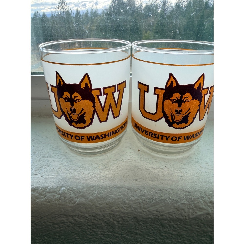 Vintage University of Washington Huskies Mobil Frosted Rocks Glass Set of 2 UW